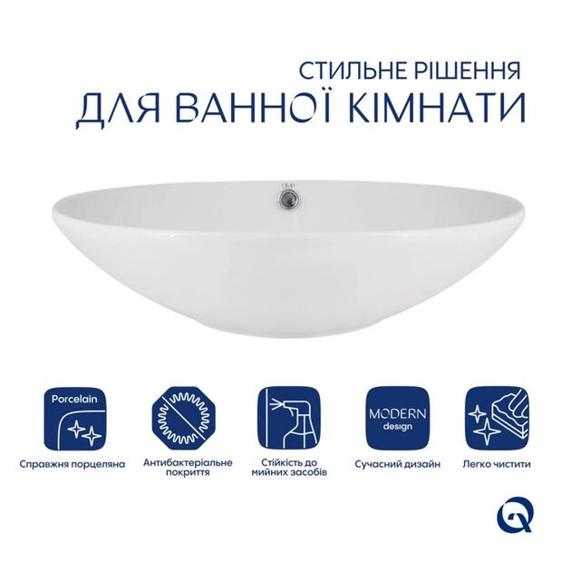 Комплект Qtap Dove: Раковина накладная овальная 625x415x150 мм White + Донный клапан PU02O, фото , зображення 3 | SNABZHENIE.com.ua