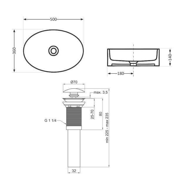 Комплект Qtap Kolibri: Раковина накладная овальная 500x360x140 мм White + Донный клапан PU02, фото , зображення 2 | SNABZHENIE.com.ua