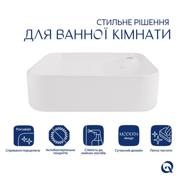 Комплект Qtap Stork: Раковина накладная квадратная 430x430x120 мм White + Донный клапан PU02, фото , зображення 3 | SNABZHENIE.com.ua