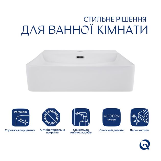 Комплект Qtap Nando LT: Раковина подвесная прямоугольная 500х420х120 мм White + Донный клапан PU02O, фото , зображення 3 | SNABZHENIE.com.ua