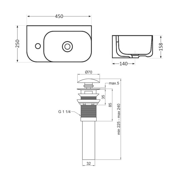 Комплект Qtap Tern: Раковина подвесная левая 450x260 мм White + Клапан, фото , изображение 2 | SNABZHENIE.com.ua