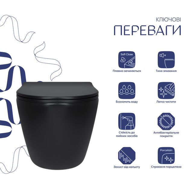 Унитаз подвесной Qtap Robin New Ultra Quiet с сиденьем Soft-Close MATT BLACK, фото , изображение 3 | SNABZHENIE.com.ua