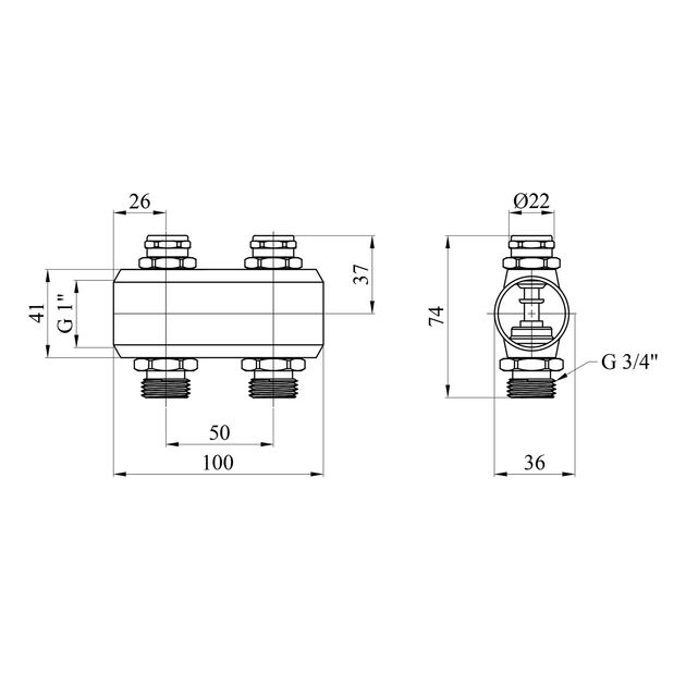Регулирующий коллектор Karro на 2 выхода 1" с вентилем, латунный, фото , изображение 2 | SNABZHENIE.com.ua