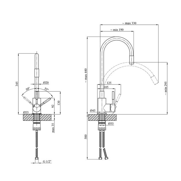 Змішувач для кухні з гнучким виливом Kroner KRP Edelstahl Klassisch - ESG035GRA, фото , зображення 2 | SNABZHENIE.com.ua