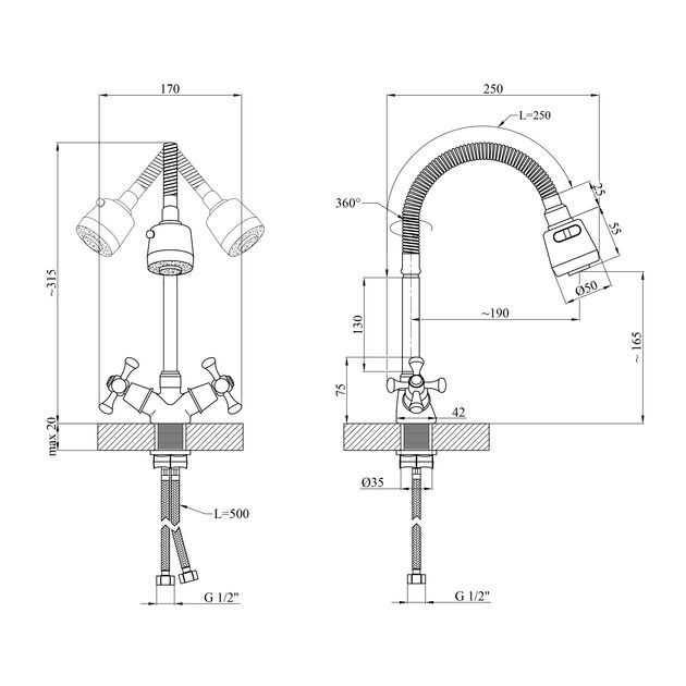 Смеситель кухонный Kroner KRM Rhein - C030-1, фото , изображение 2 | SNABZHENIE.com.ua