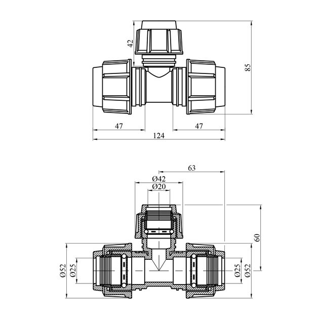 Редукционный тройник ПЭ SPT 25х20х25 мм, фото , изображение 2 | SNABZHENIE.com.ua