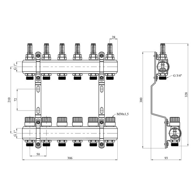 Коллектор STA на 6 выходов 1х3/4, никелированный, без евроконусов, фото , изображение 2 | SNABZHENIE.com.ua