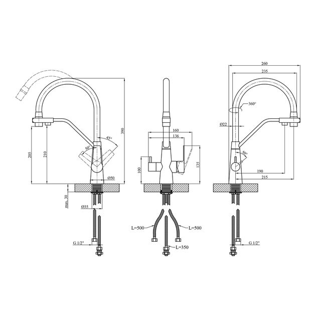 Змішувач для кухні з підключенням до фільтра Kroner KRP Edelstahl Klassisch - ESG03817GRA, фото , зображення 2 | SNABZHENIE.com.ua