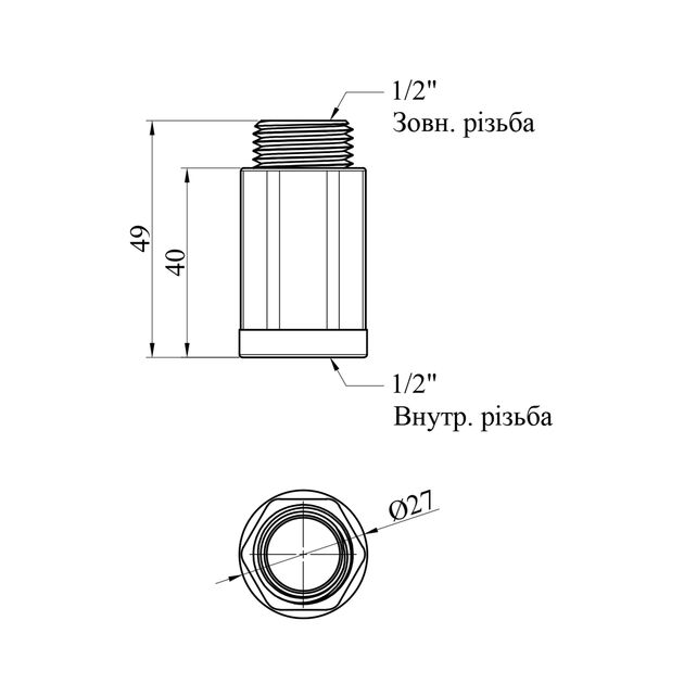 Удлинитель LexLine 1/2 ВН, L=40 мм никелированный НК0601-40Вн, фото , изображение 2 | SNABZHENIE.com.ua