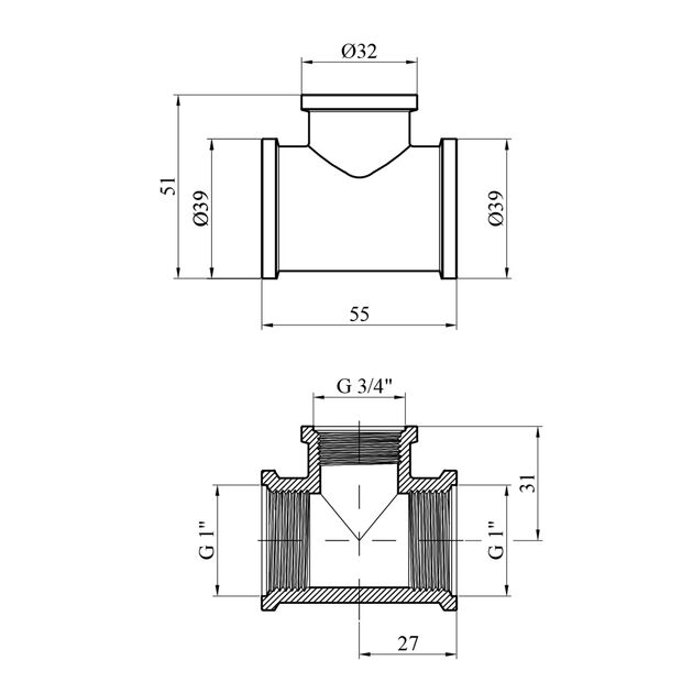 Тройник переходной усиленный LexLine 1х3/4 латунный УК0220-В, фото , изображение 2 | SNABZHENIE.com.ua