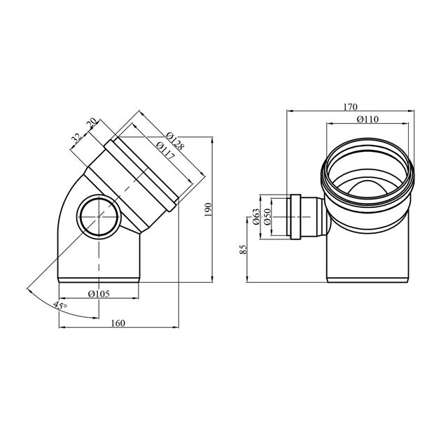 Колено 110х45° для канализации Rozma с отводом 50 мм влево, фото , изображение 2 | SNABZHENIE.com.ua