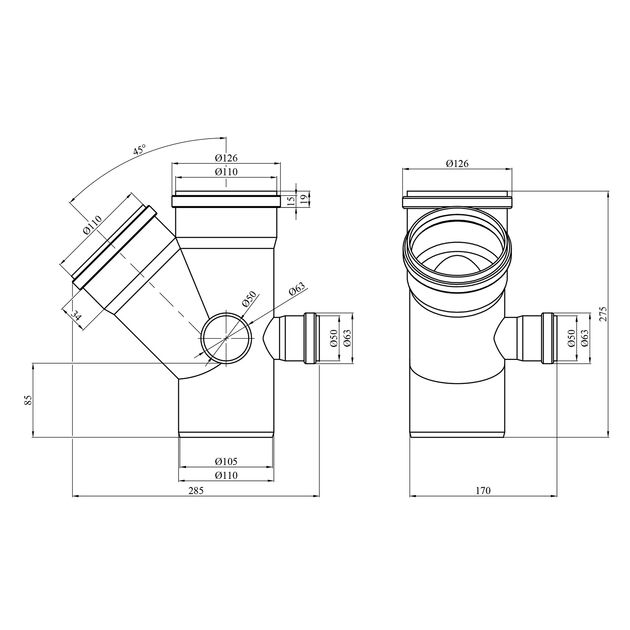 Крестовина двухплоскостная для внутренней канализации Rozma 110х110/45°+2x50/90°, фото , изображение 2 | SNABZHENIE.com.ua