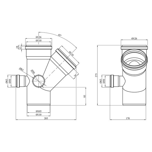 Крестовина двухплоскостная для внутренней канализации Rozma 110х110/45°+2x50/90°, фото , изображение 2 | SNABZHENIE.com.ua