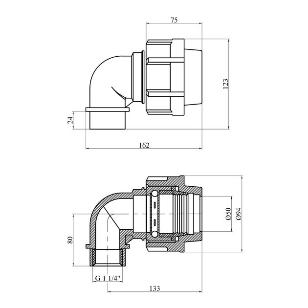 Колено ПЕ STR 50×1 1/4 РВ, фото , зображення 2 | SNABZHENIE.com.ua