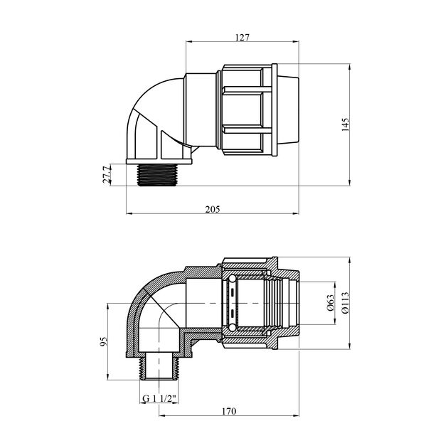 Колено ПЕ STR 63х1 1/2 РН, фото , зображення 2 | SNABZHENIE.com.ua