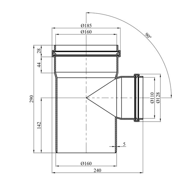 Тройник для наружной канализации Rozma 160х110/90°, фото , зображення 2 | SNABZHENIE.com.ua