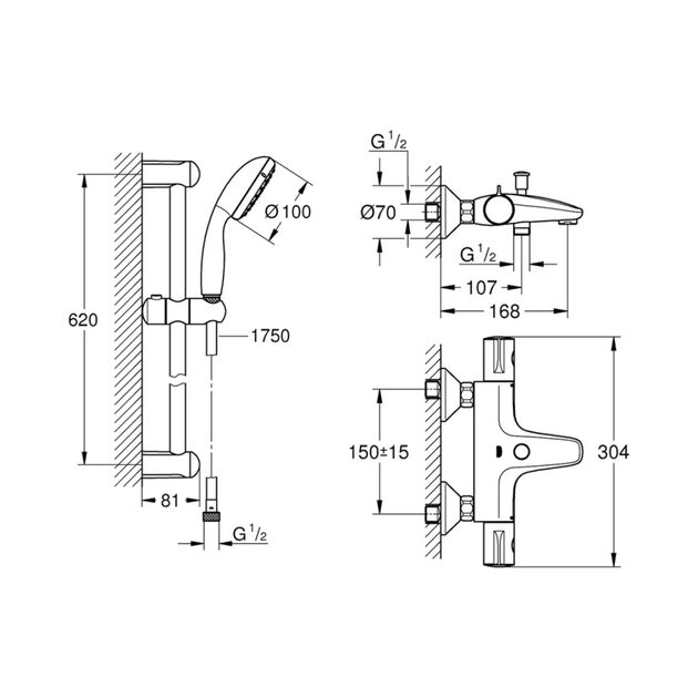 Смеситель для ванної Grohe Grohtherm 800 34567000 з душовим гарнітуром 27853001 (34567001), фото , зображення 2 | SNABZHENIE.com.ua