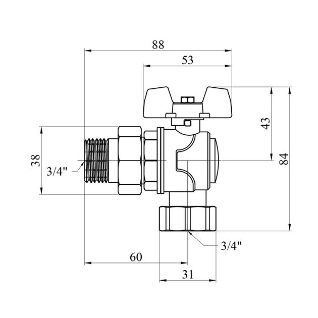 Кран угловой шаровой WaGa 3/4" PN40 бабочка, никелированный, фото , изображение 2 | SNABZHENIE.com.ua