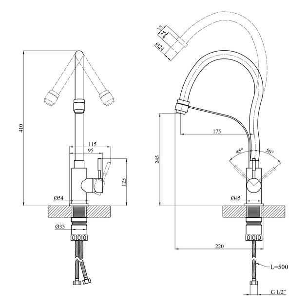 Смеситель для кухни Kroner KRP Edelstahl Klassisch - ESG03593BLK, фото , изображение 2 | SNABZHENIE.com.ua