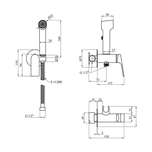 Набор для гигиенического душа скрытого монтажа со смесителем Kroner KRP Graz - GRP082, фото , изображение 2 | SNABZHENIE.com.ua