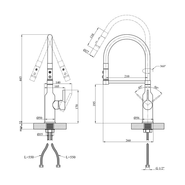 Смеситель для кухни Kroner KRP Ersel - GBG03112BLK, фото , изображение 2 | SNABZHENIE.com.ua