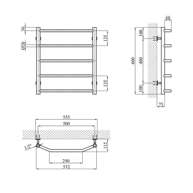 Полотенцесушитель водяной Kroner KRP Diva WT600x500-5, фото , зображення 2 | SNABZHENIE.com.ua
