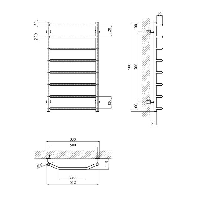 Полотенцесушитель водяной Kroner KRP Diva WT900x500-8, фото , изображение 2 | SNABZHENIE.com.ua