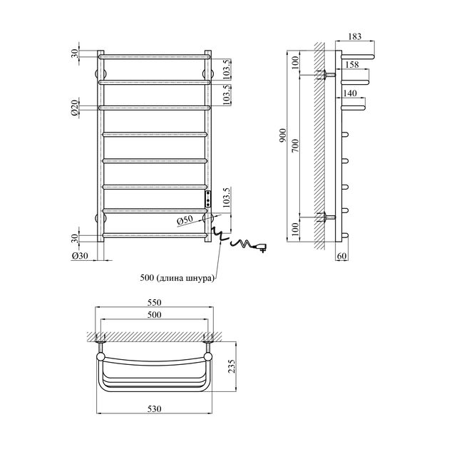 Полотенцесушитель электрический Kroner KRP Prima ER900x500-8, фото , изображение 2 | SNABZHENIE.com.ua