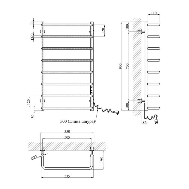 Полотенцесушитель электрический Kroner KRP Stil ER900x500-8, фото , изображение 2 | SNABZHENIE.com.ua
