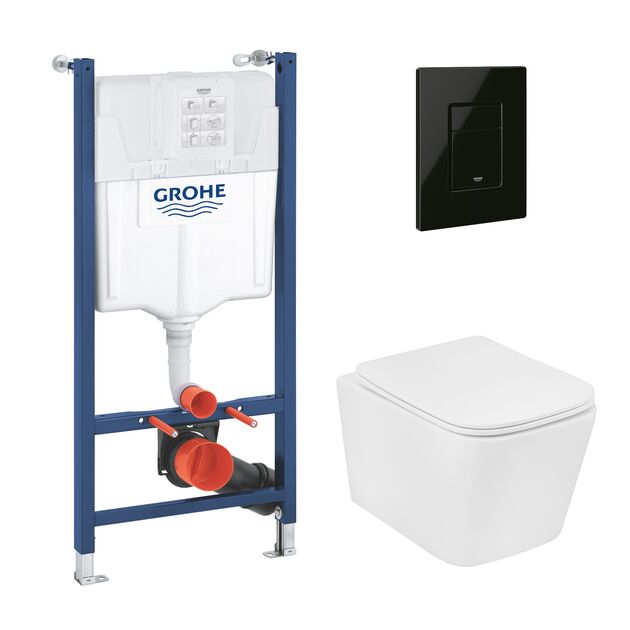 Комплект 4 в 1: Установка Grohe Solido 2 в 1 38971000 + Панель смыва для унитаза Grohe Even Black 38966KV0 + Унитаз подвесной безобедочный Kroner Eifel WHI483429 TORNADO с сиденьем Slim Duroplast / Soft KE483429WHIT(38971966KV0KE48T), фото  | SNABZHENIE.com.ua