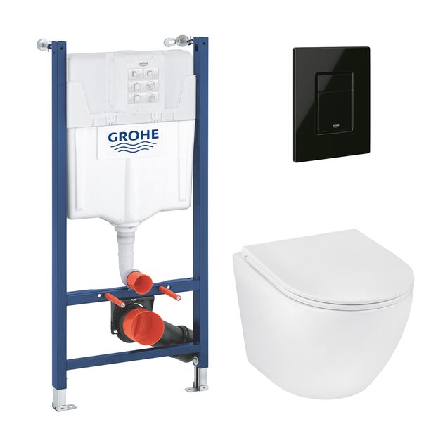 Комплект 4 в 1: Установка Grohe Solido 2 в 1 38971000 + Панель смыва для унитаза Grohe Even Black 38966KV0 + Унитаз безобедочный Kroner Harz WHI483632 TORNADO с сиденьем Slim Duroplast / Soft-close2 (38971966KV0KH48T), фото  | SNABZHENIE.com.ua