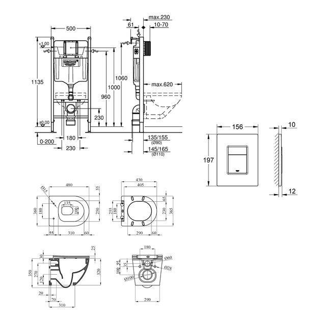 Комплект 4 в 1: Установка Grohe Solido 2 в 1 38971000 + Панель смыва для унитаза Grohe Even Black 38966KV0 + Унитаз безобедочный Kroner Harz WHI483632 TORNADO с сиденьем Slim Duroplast / Soft-close2 (38971966KV0KH48T), фото , изображение 2 | SNABZHENIE.com.ua