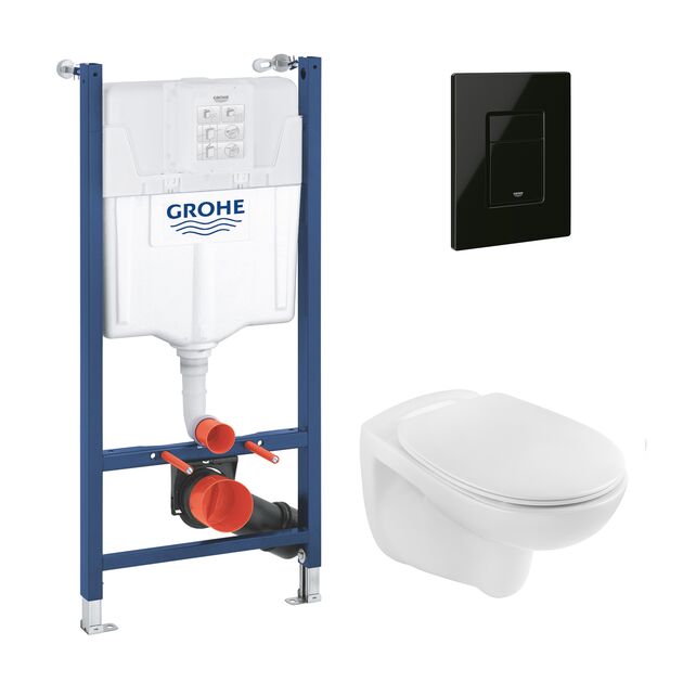 Комплект 4 в 1: Установка Grohe Solido 2 в 1 38971000 + Панель смыва для унитаза Grohe Even Black 38966KV0 + Унитаз безободочный Kroner Oker WHI533536 RIMLESS с сиденьем Slim Duroplast / Soft-close6 (38971966KV0KO53R), фото  | SNABZHENIE.com.ua