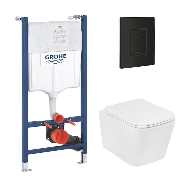 Комплект 4 в 1: Установка Grohe Solido 2 в 1 38971000 + Панель смыва для унитаза Grohe Even 389662430 + Унитаз подвесной безобедочный Kroner Eifel WHI483429 TORNADO с сиденьем Slim Duroplast / Soft KE483429WHIT(38971966243KE48T), фото  | SNABZHENIE.com.ua