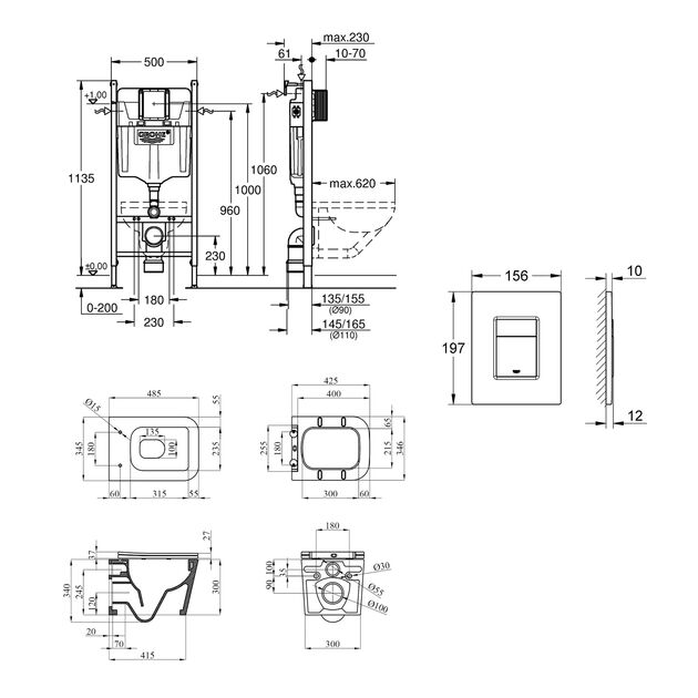 Комплект 4 в 1: Установка Grohe Solido 2 в 1 38971000 + Панель смыва для унитаза Grohe Even 389662430 + Унитаз подвесной безобедочный Kroner Eifel WHI483429 TORNADO с сиденьем Slim Duroplast / Soft KE483429WHIT(38971966243KE48T), фото , изображение 2 | SNABZHENIE.com.ua