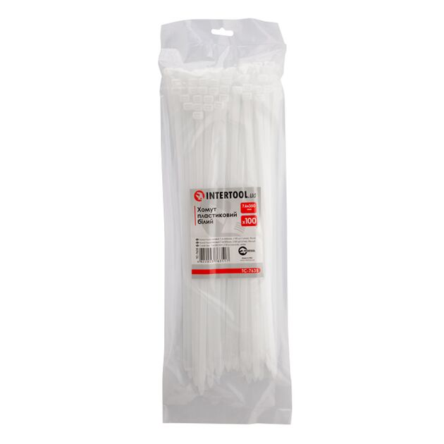 Хомут пластиковий 7,6x350 мм, (100 шт/упак), білий INTERTOOL TC-7635, фото  | SNABZHENIE.com.ua