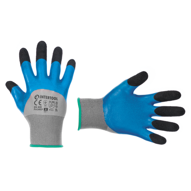Перчатка трикотажна синтетична посилена 3/4 облив, покрита вспіненим латексом синього кольору, покриття пальців морщинистим латексом чорного кольору, 9 INTERTOOL SP-0106, фото  | SNABZHENIE.com.ua