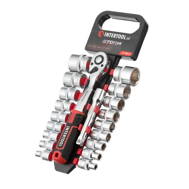 Набор головок 1/2" 8-32 мм., удлинитель, рукоятка с храповым механизмом 72 зуба, 20 ед., Cr-V STORM INTERTOOL ET-8016, фото  | SNABZHENIE.com.ua