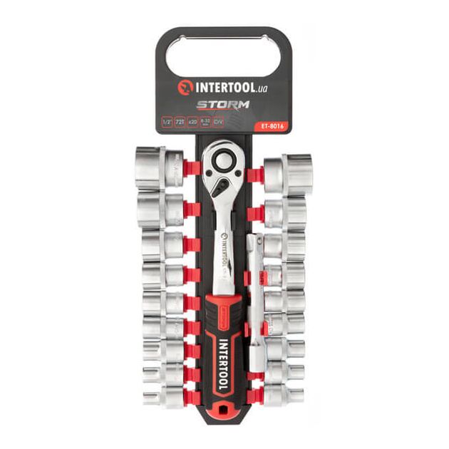 Набор головок 1/2" 8-32 мм., удлинитель, рукоятка с храповым механизмом 72 зуба, 20 ед., Cr-V STORM INTERTOOL ET-8016, фото , зображення 3 | SNABZHENIE.com.ua