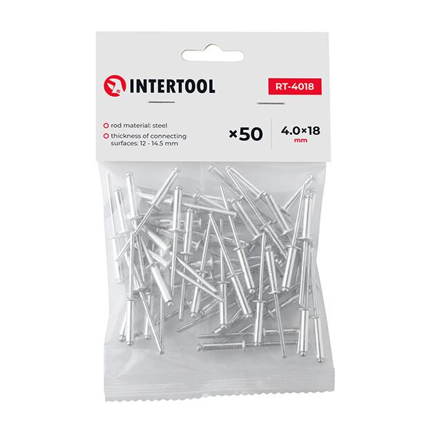 Алюминиевая заклепка 4,0x18 мм, 50 шт INTERTOOL RT-4018, фото  | SNABZHENIE.com.ua