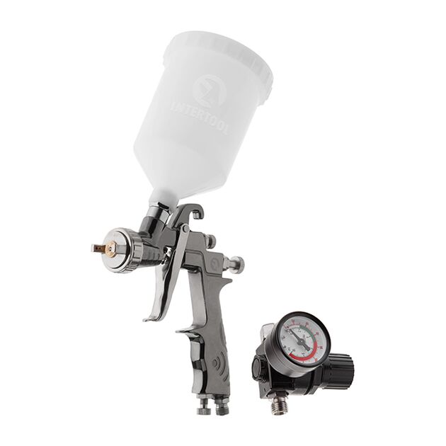 Краскопульт пневматичний LVLP, форсунка 1.3мм, з редуктором, верхній пластиковий бачок 600мл, 2бар INTERTOOL PT-0130, фото  | SNABZHENIE.com.ua