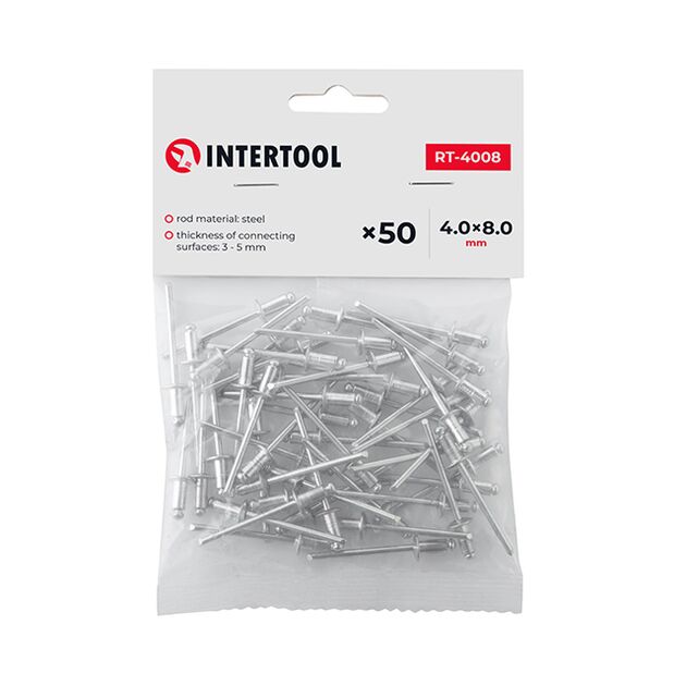 Заклепка алюминиевая 4,0x8,0 мм, 50 шт. INTERTOOL RT-4008, фото  | SNABZHENIE.com.ua