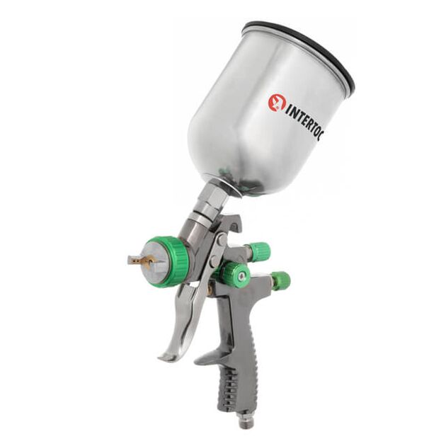 Краскопульт пневматичний LVLP GREEN професійний, форсунка 1.3мм, верхній металевий бачок 600мл, 1.5бар INTERTOOL PT-0131, фото  | SNABZHENIE.com.ua