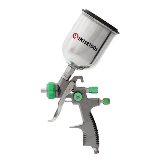 Краскопульт пневматичний LVLP GREEN професійний, форсунка 1.3мм, верхній металевий бачок 600мл, 1.5бар INTERTOOL PT-0131, фото , зображення 3 | SNABZHENIE.com.ua