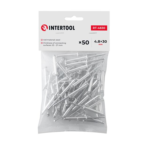Алюминиевая заклепка 4,8x30 мм, 50 шт INTERTOOL RT-4830, фото  | SNABZHENIE.com.ua