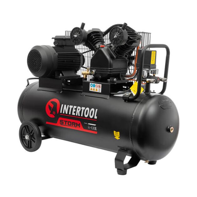 Компресор STORM, 100 л, 3 кВт, 380 В, 10 атм, 500 л/хв, 2 циліндри INTERTOOL PT-0013, фото , зображення 2 | SNABZHENIE.com.ua