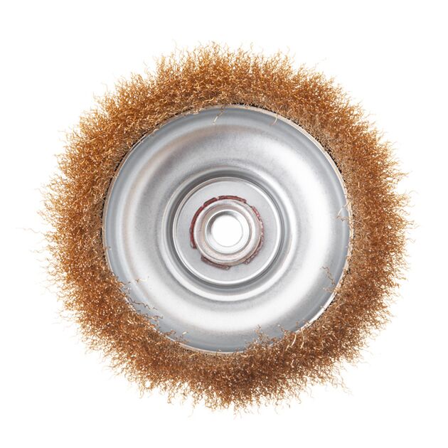 Щітка чашкова, 150 мм, M14, кручений дріт покритий латунню, для КШМ, 4500 об/хв, фото , зображення 2 | SNABZHENIE.com.ua