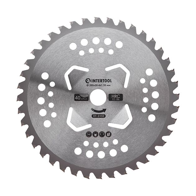 Ніж для мотокоси/триммера з твердосплавними напайками ø255х25.4х1.35 мм 40T, HRC 82-86, 4 підрізних лопаті INTERTOOL DT-2350, фото  | SNABZHENIE.com.ua