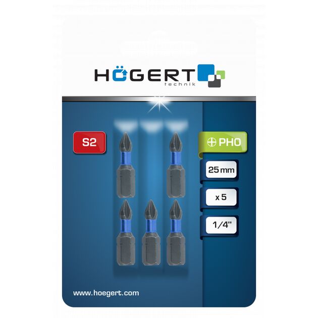 Набір біт ударних PH2 25 мм 5шт HOEGERT HT1S122, фото , зображення 2 | SNABZHENIE.com.ua