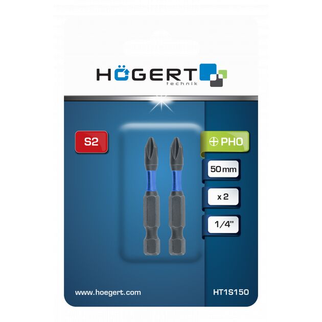 Набір біт ударних PH2 50 мм 2 шт HOEGERT HT1S152, фото , зображення 2 | SNABZHENIE.com.ua